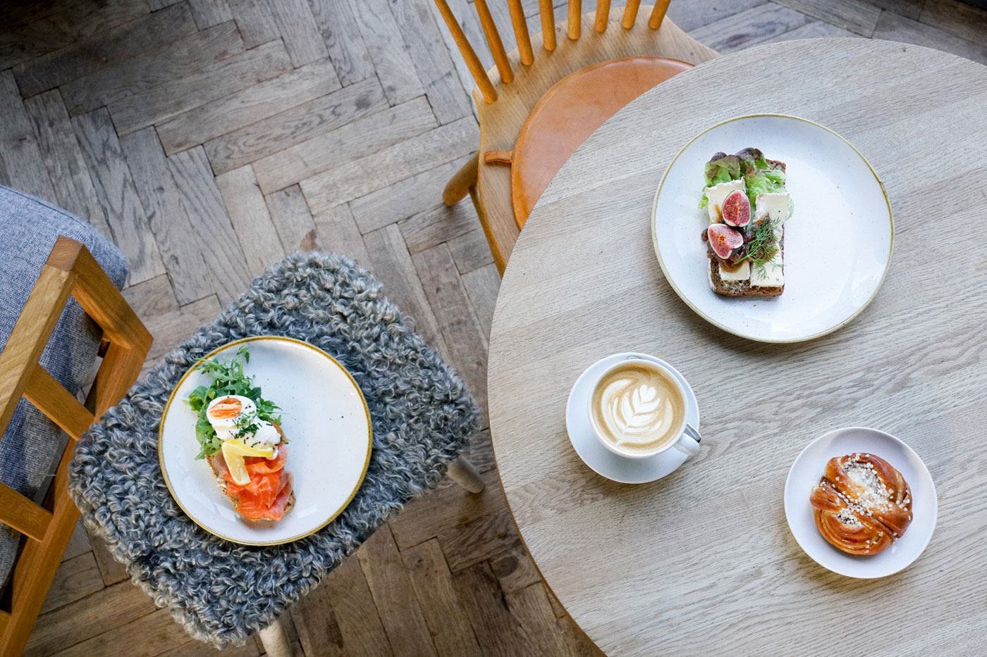 Coffee and breakfast on a table