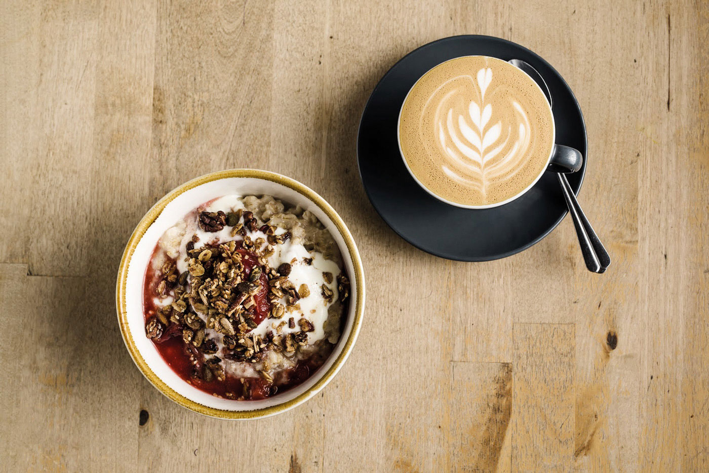 Flat white and granola topped yogurt